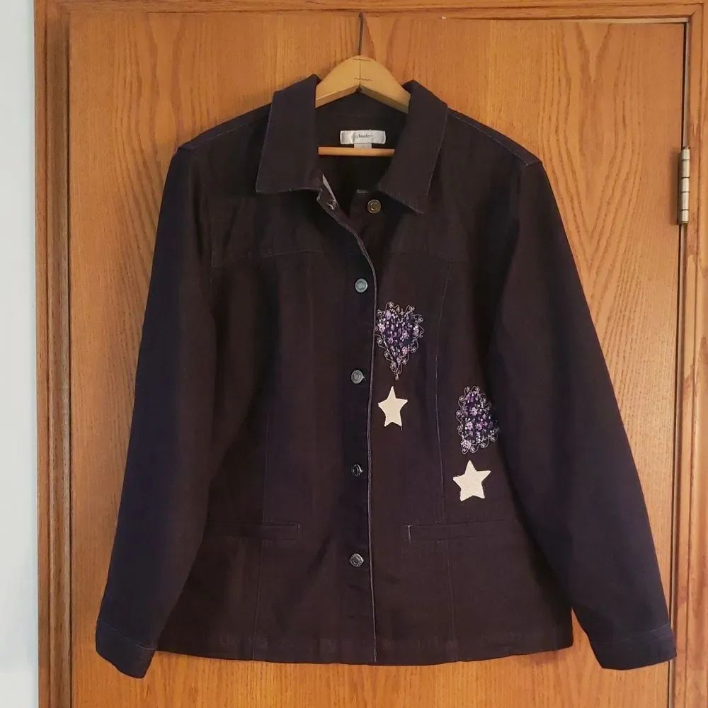 CJ Banks Denim Jacket w/ Floral Heart and Star Detailing on Front / Back Sz 1X